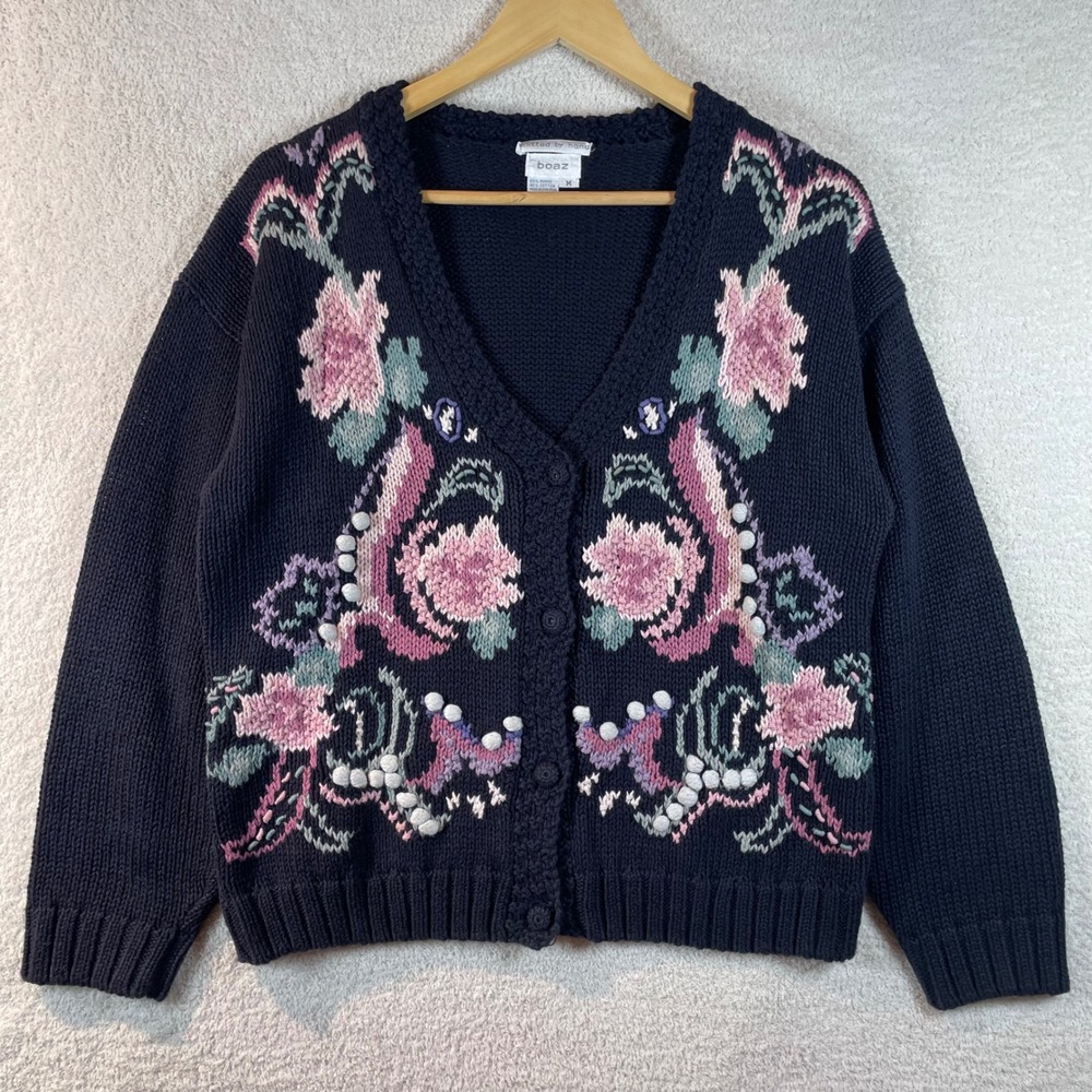 vintage 1990s hand knit cardigan floral embroidered M ramie/cotton grandmacore